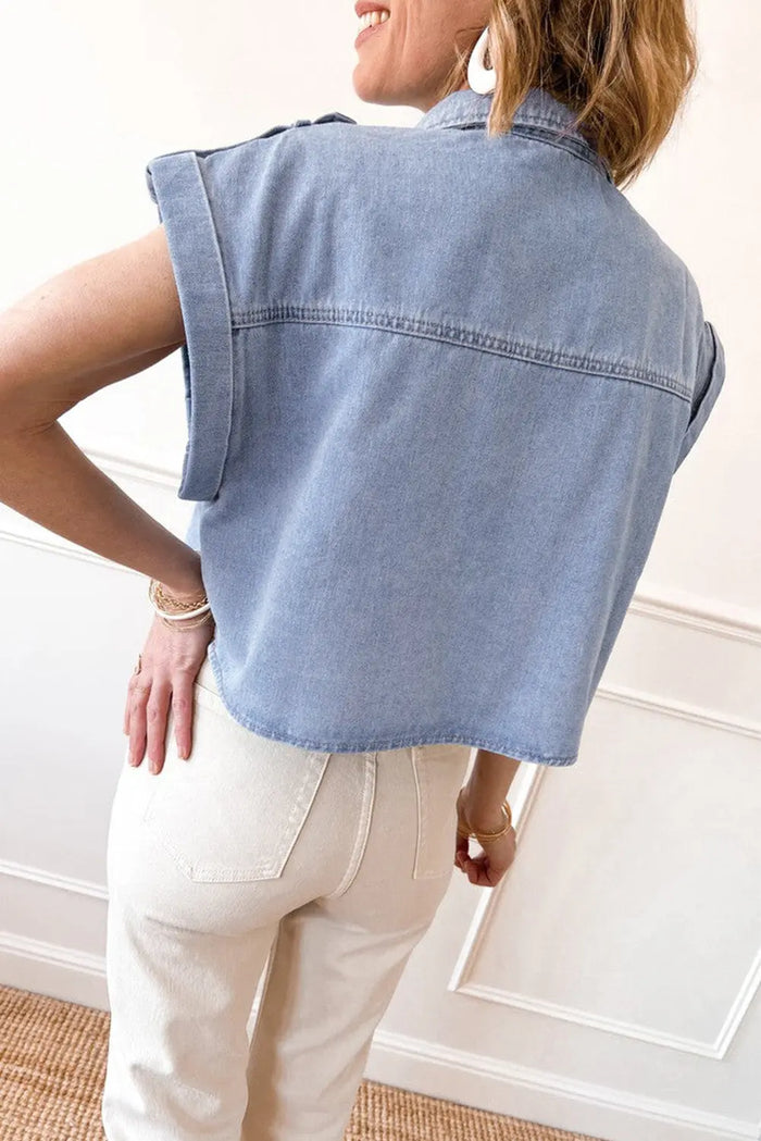 Dusk Blue Denim Pinup Folded Cap Sleeve Shirt - Tops/Blouses & Shirts