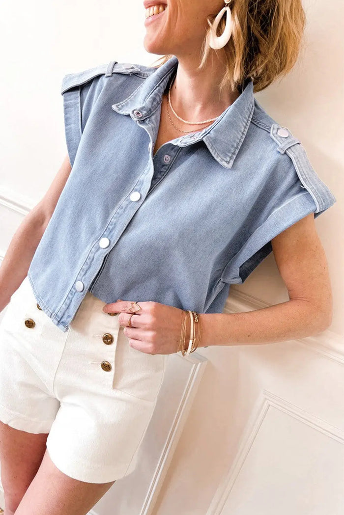 Dusk Blue Denim Pinup Folded Cap Sleeve Shirt - Tops/Blouses & Shirts