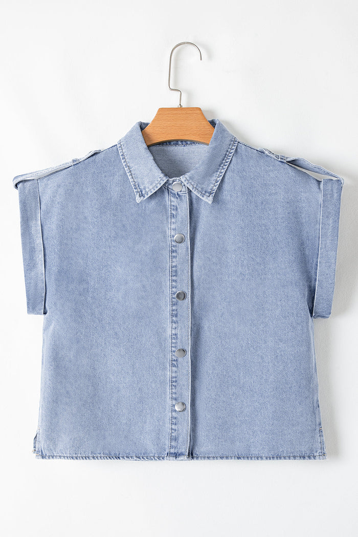 Dusk Blue Denim Pinup Folded Cap Sleeve Shirt - Tops/Blouses & Shirts