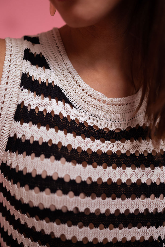 Ecru and black striped Gemma top open-knit detail