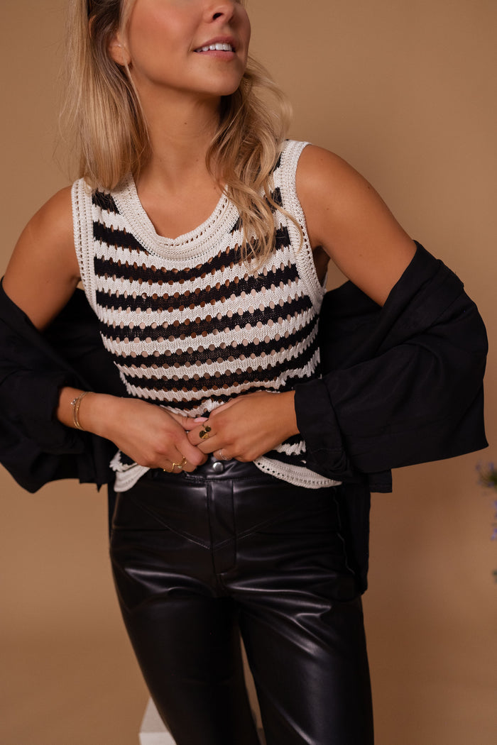 Ecru and black striped Gemma top round neck detail