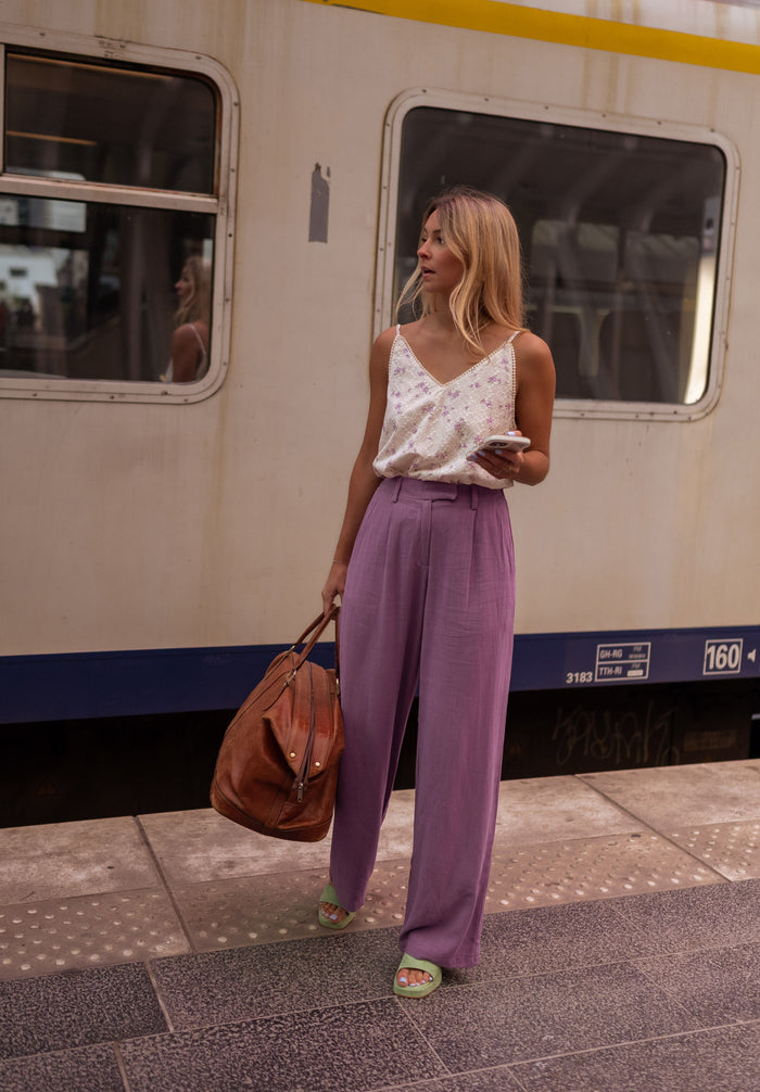 Ecru and purple floral Auda top styled outfit