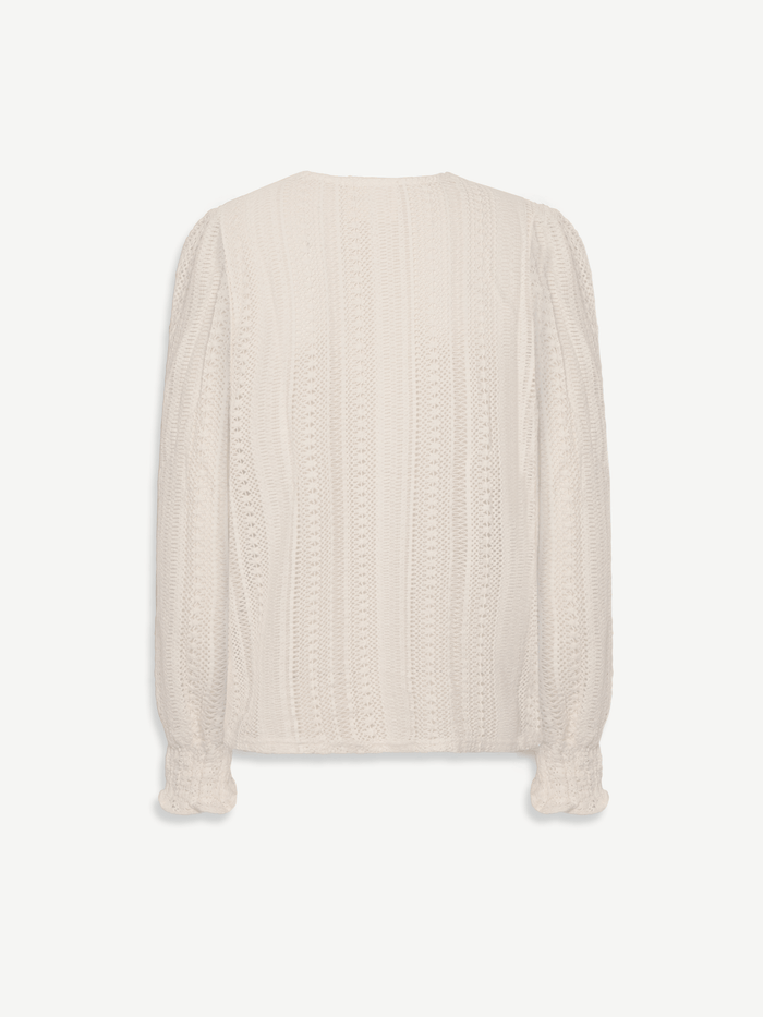 Ecru crochet Arlyne V-neck blouse close-up