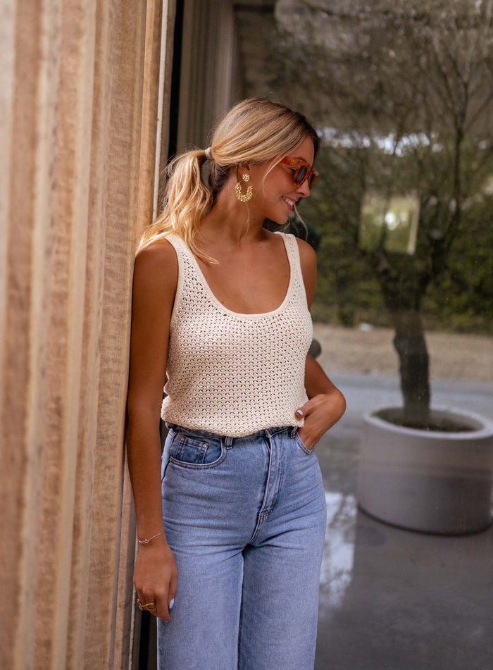 Ecru crochet Camil sleeveless top styled outfit