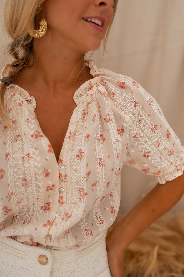 Ecru Carine blouse fabric and embroidery close-up