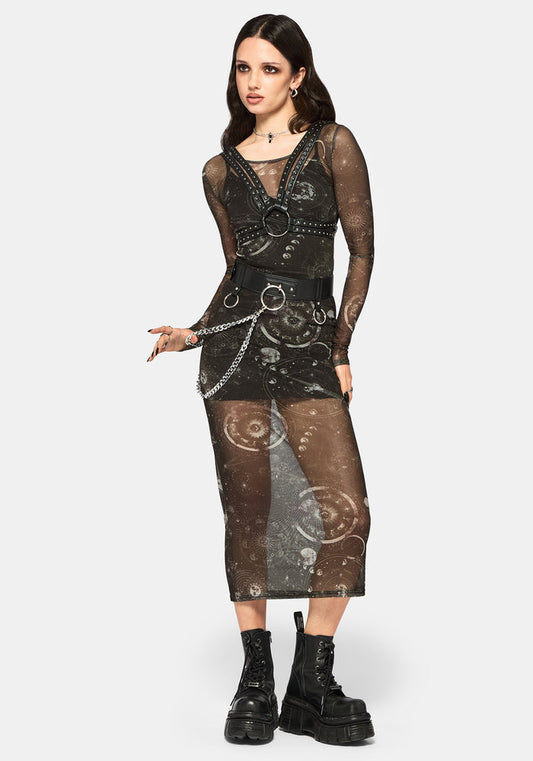 Elise Celestial Print Mesh Midaxi Dress