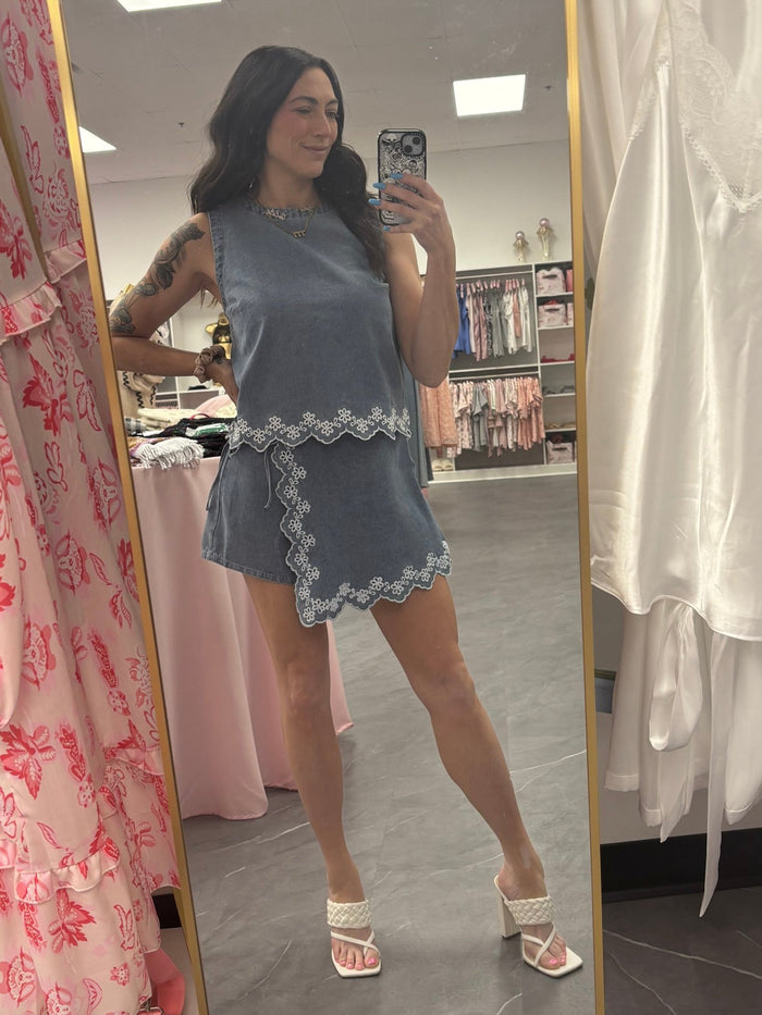Embroidered Denim Skort - Intimate Whispers