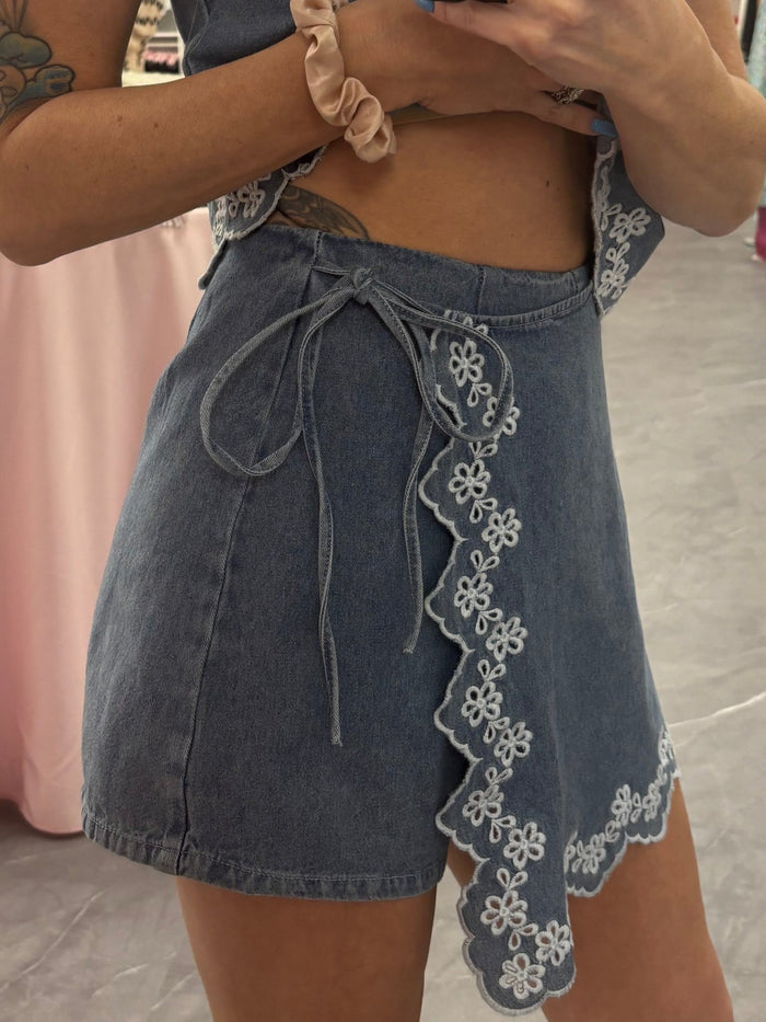 Embroidered Denim Skort - Intimate Whispers
