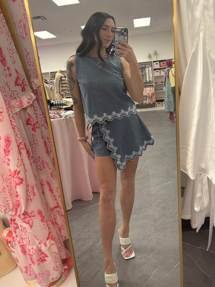 Embroidered Denim Skort - Intimate Whispers