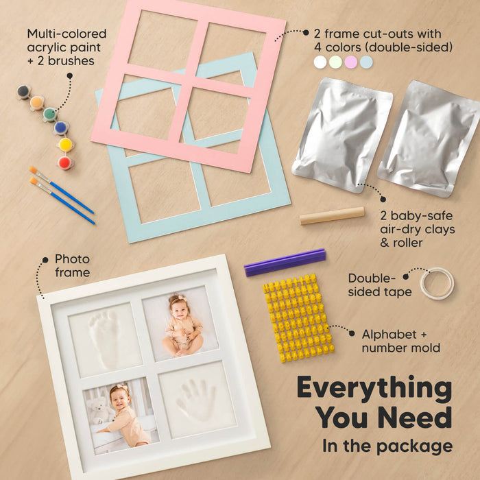 Everything You Need: Multi-colored acrylic paint, 2 brushes, 2 frame cut-outs with 4 colors (double-sided), 2 baby-safe air-dry clays & roller, Photo frame, Double-sided tape, Alphabet & number mold
