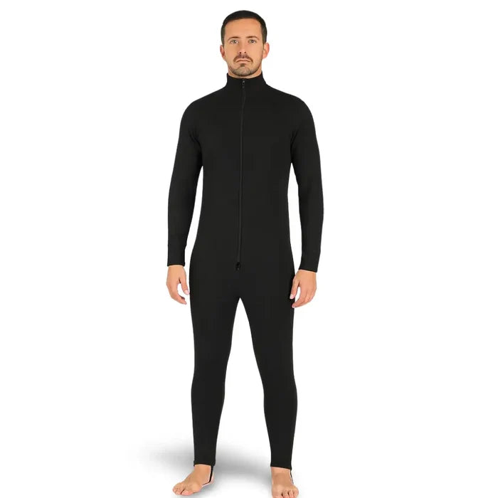Man wearing a Sub Zero Factor 2 thermal mid layer onesie in black colour photographed on a white background