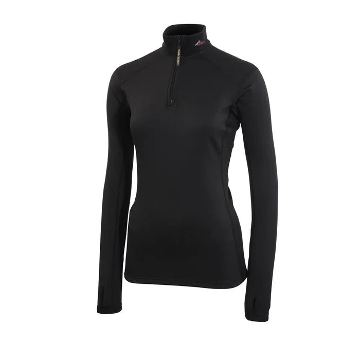 Front detail of Sub Zero Factor 2 womens thermal mid layer long sleeve zip neck top in colour black