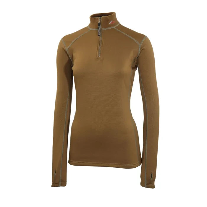 Front detail of Sub Zero Factor 2 womens thermal mid layer long sleeve zip neck top in colour khaki