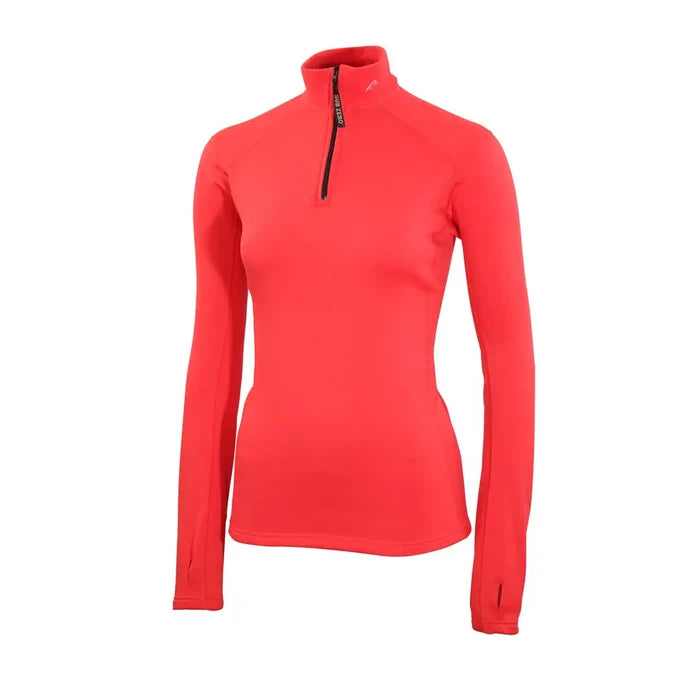 Front detail of Sub Zero Factor 2 womens thermal mid layer long sleeve zip neck top in colour red
