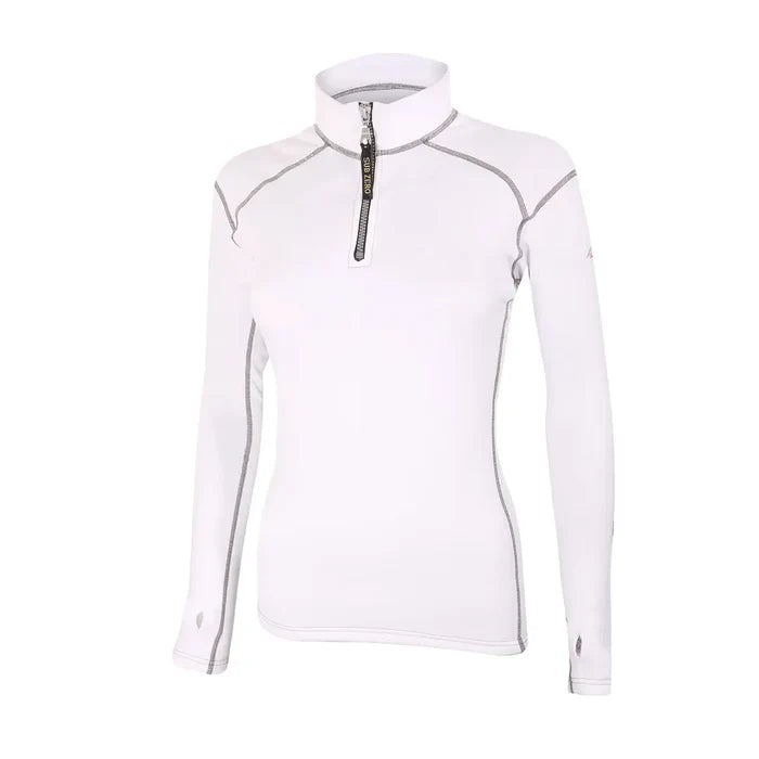 Front detail of Sub Zero Factor 2 womens thermal mid layer long sleeve zip neck top in colour white with grey stitching