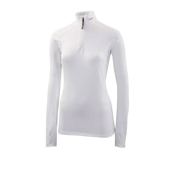 Front detail of Sub Zero Factor 2 womens thermal mid layer long sleeve zip neck top in colour white