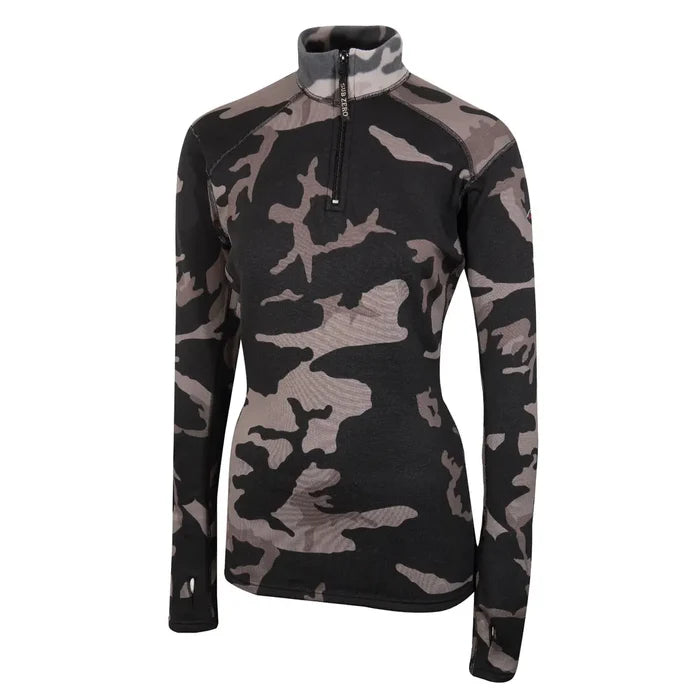 Front detail of Sub Zero Factor 2 womens thermal mid layer long sleeve zip neck top in colour grey camouflage