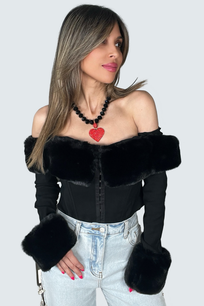 Style the Faux Fur Trim Off The Shoulder Top exclusively at Born To Glam