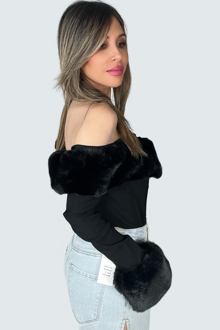 Style the Faux Fur Trim Off The Shoulder Top exclusively at Born To Glam