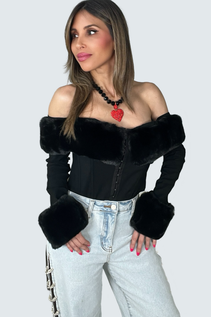 Style the Faux Fur Trim Off The Shoulder Top exclusively at Born To Glam