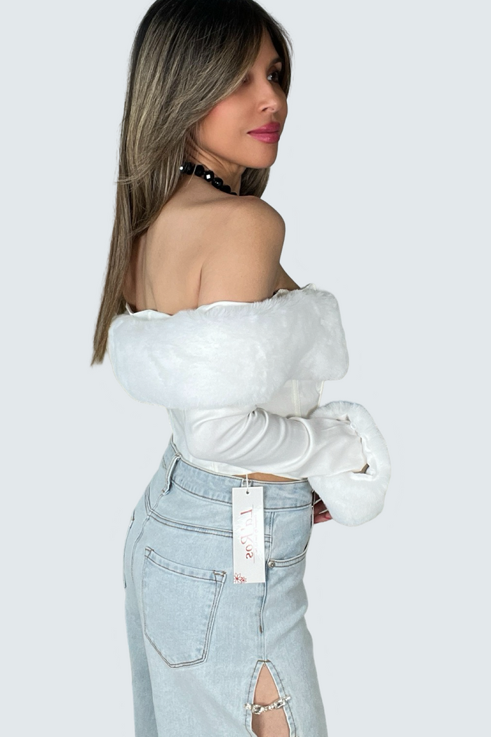 Style the Faux Fur Trim Off The Shoulder Top exclusively at Born To Glam