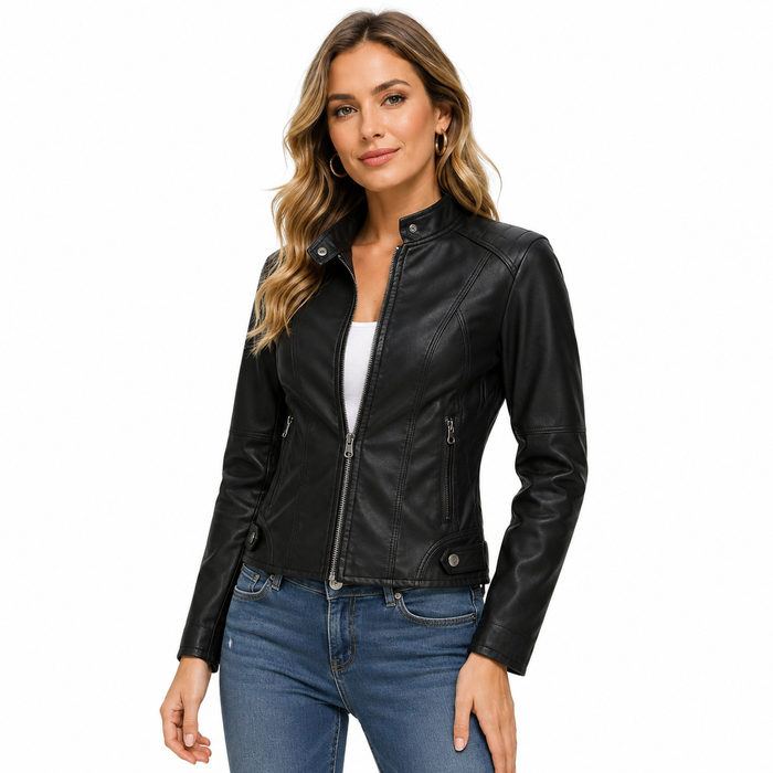 Faux leather jacket women with stand collar and sleek urban silhouette