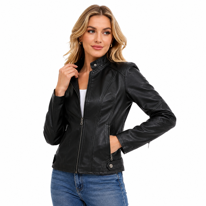 Lightweight faux leather jacket women in modern tailored fit