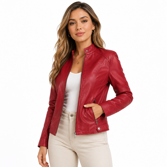 Stand collar PU leather jacket women for spring autumn layering