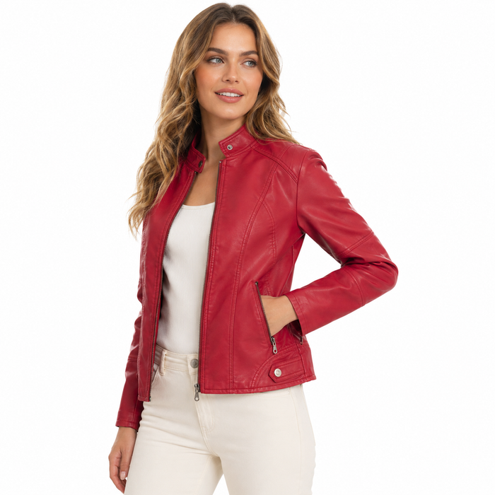 Red PU leather jacket women for bold evening and casual outfits