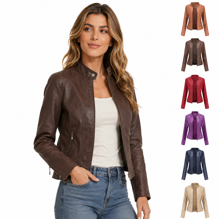 Brown faux leather jacket women with clean citywear look