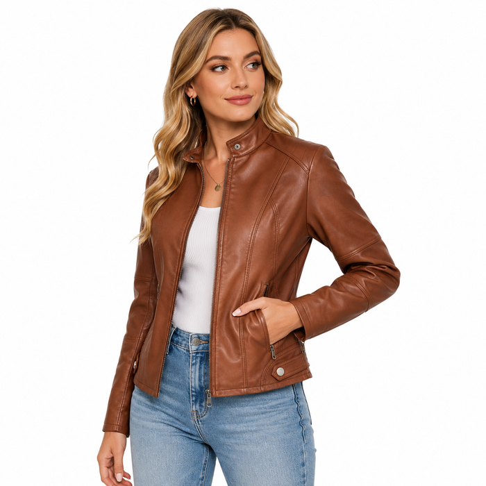 Women’s streetwear jacket in PU imitation leather with 3D details