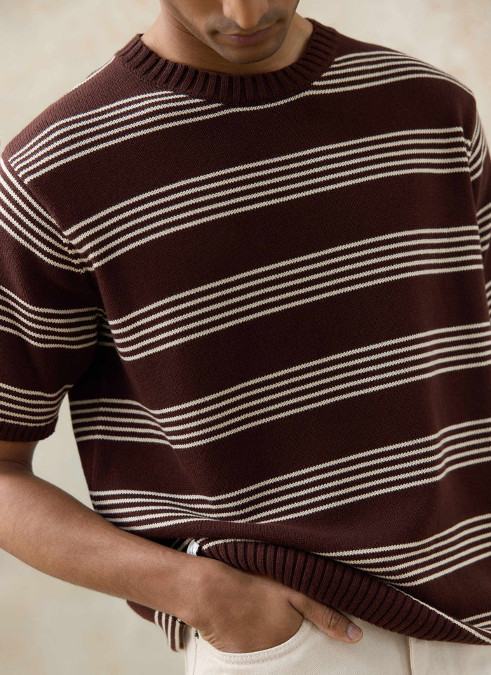 Percival Fiction knitted t-shirt in espresso brown cotton with clean ecru stripes and a ribbed crew neck.