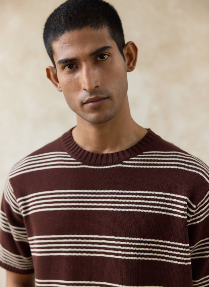 The Percival Fiction Striped Knitted T Shirt in espresso brown with ecru stripes, worn by a model in a close-up shot.