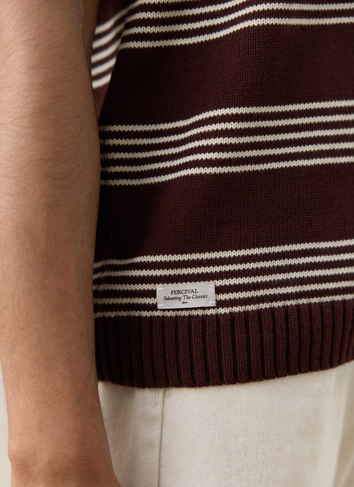Espresso brown and ecru Percival Fiction Striped Knitted T-Shirt, showing the ribbed hem and brand tag details.