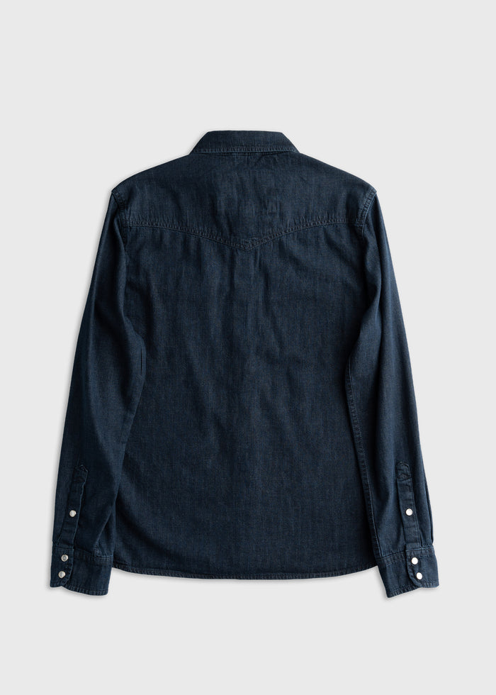 Dark denim shirt with long sleeves, buttoned cuffs, and a classic collar, displayed on a light background, back view.