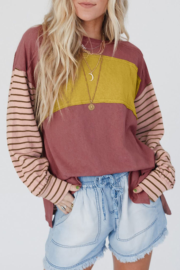 Fiery Red Colourblock Striped Bishop Sleeve Top - RED / S / 60% POLYESTER + 35% VISCOSE + 5% ELASTANE - Tops/Long Tops
