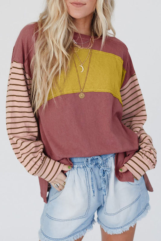 Fiery Red Colourblock Striped Bishop Sleeve Top - RED / S / 60% POLYESTER + 35% VISCOSE + 5% ELASTANE - Tops/Long Tops