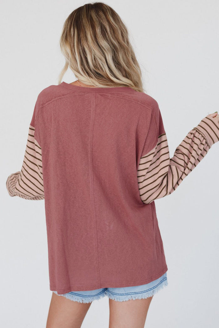 Fiery Red Colourblock Striped Bishop Sleeve Top - Tops/Long Tops