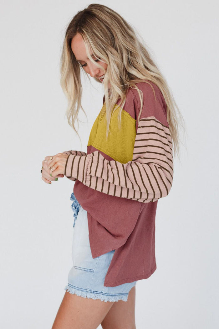 Fiery Red Colourblock Striped Bishop Sleeve Top - Tops/Long Tops
