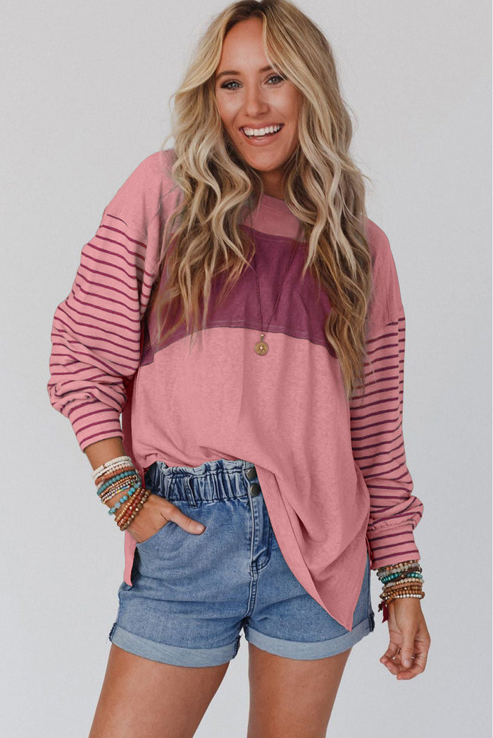 Fiery Red Colourblock Striped Bishop Sleeve Top - Tops/Long Tops