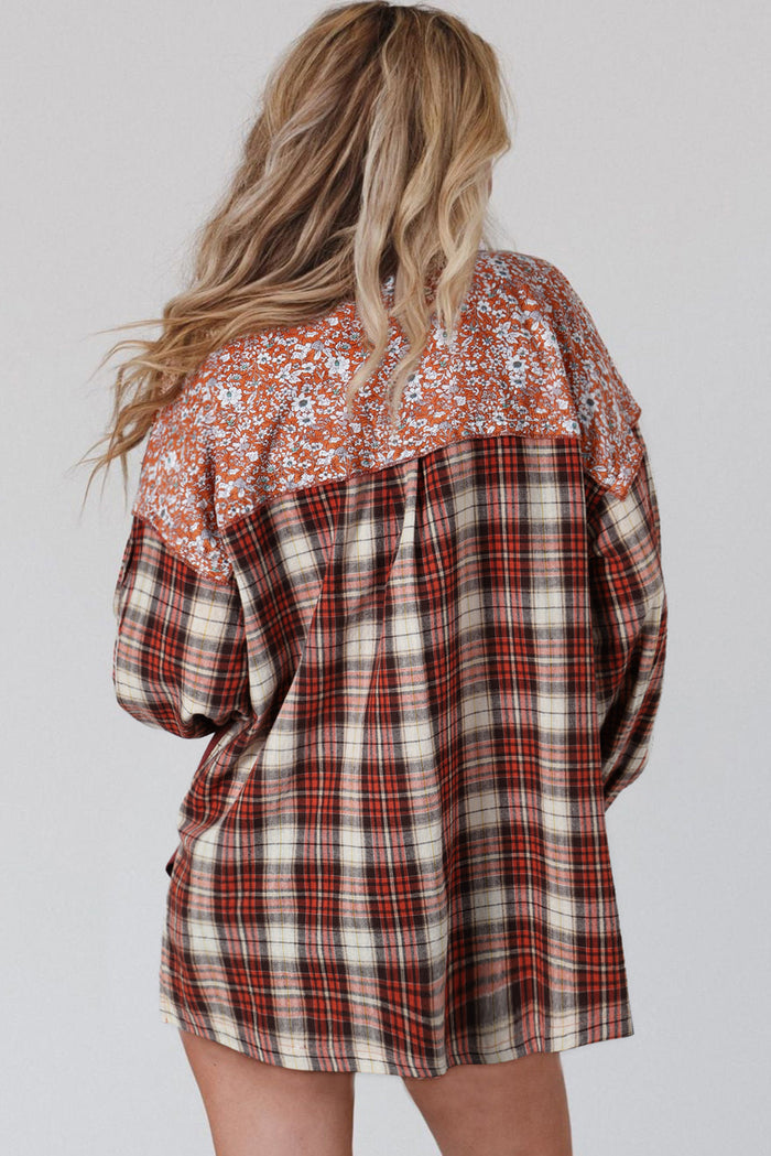 Fiery Red Floral Plaid Mixed Print Bishop Sleeve Patchwork Top - Tops/Long Tops