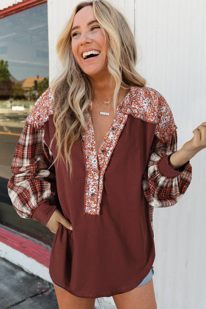 Fiery Red Floral Plaid Mixed Print Bishop Sleeve Patchwork Top - Tops/Long Tops