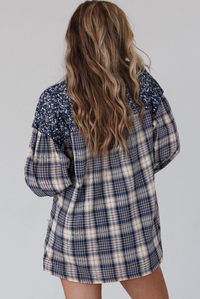 Fiery Red Floral Plaid Mixed Print Bishop Sleeve Patchwork Top - Tops/Long Tops