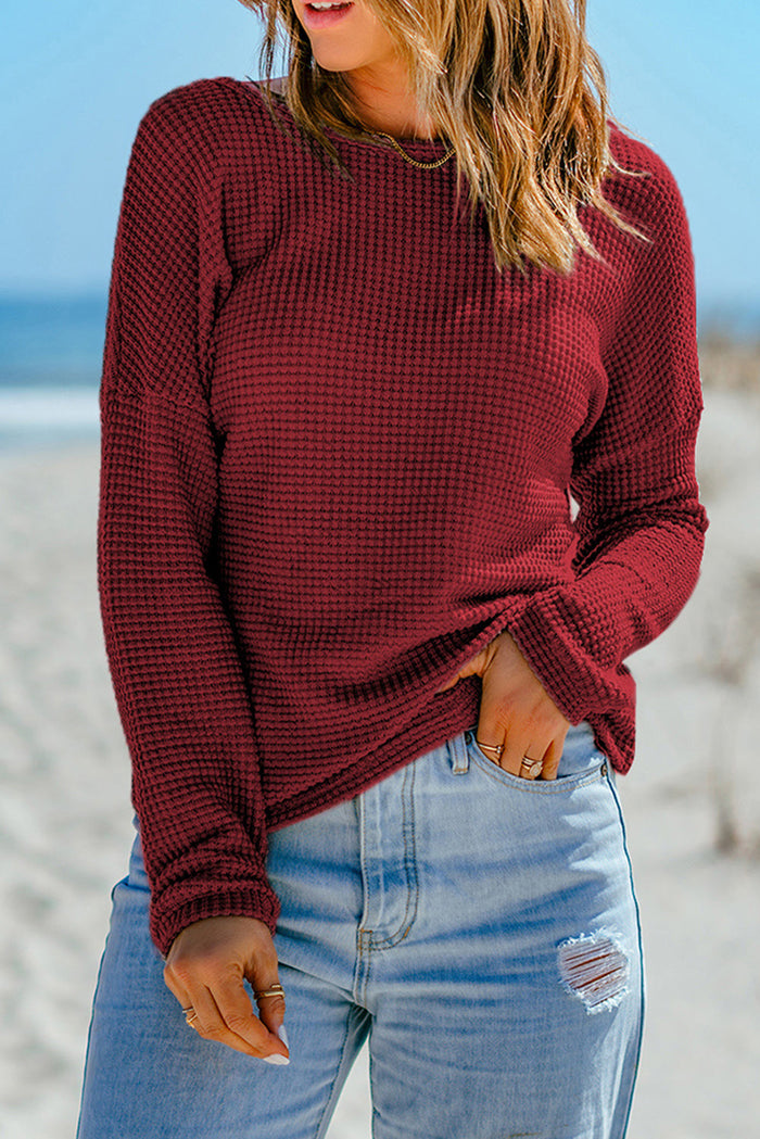 Fiery Red Waffle Knit Drop Shoulder Long Sleeve Top - Tops/Long Tops