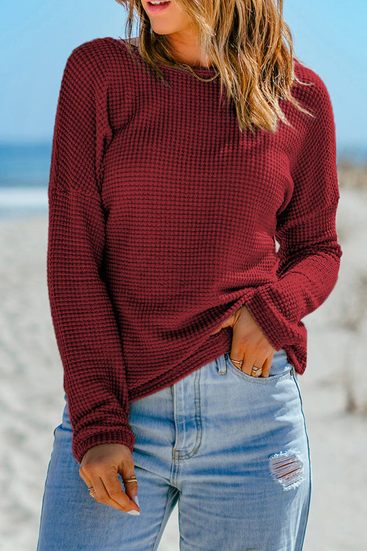 Fiery Red Waffle Knit Drop Shoulder Long Sleeve Top - Tops/Long Tops