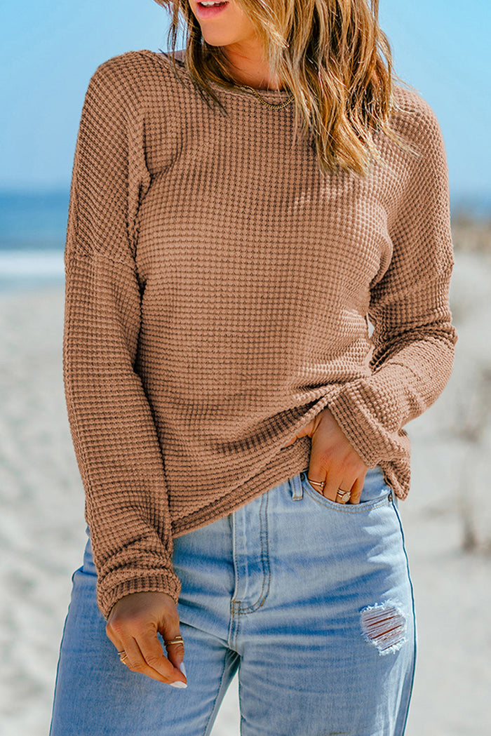 Fiery Red Waffle Knit Drop Shoulder Long Sleeve Top - Tops/Long Tops