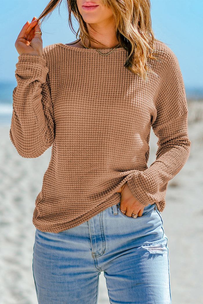 Fiery Red Waffle Knit Drop Shoulder Long Sleeve Top - Tops/Long Tops