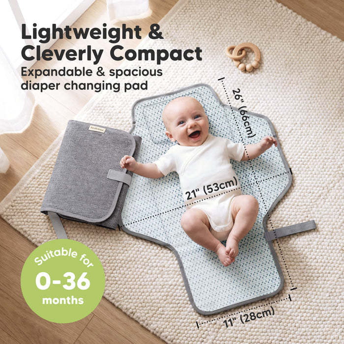 Lightweight & Cleverly Compact - Expandable & spacious diaper changing pad. Size at 26" x 21" (Suitable for 0-36 months)
