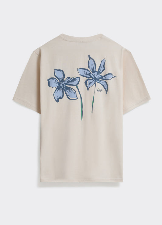The Percival Flora T-Shirt in off white, a cotton jersey top featuring a large blue botanical back print of two flowers.