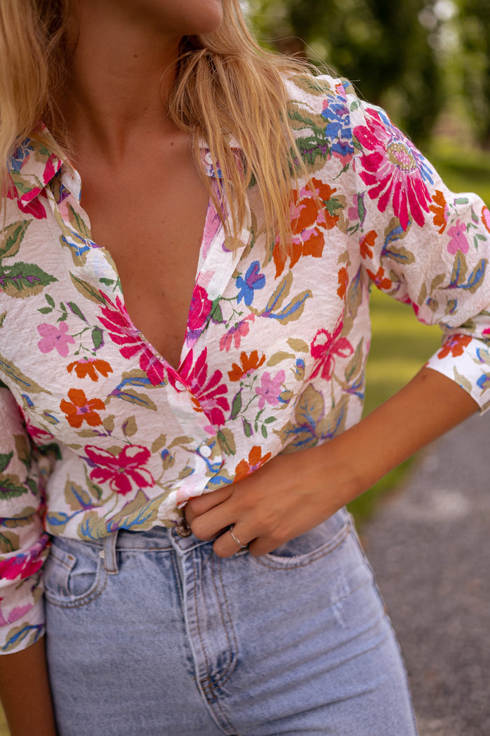 Model wearing floral Edda shirt